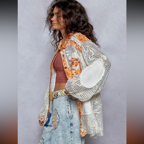 POL Orange and Cream Button Down Shirt - Picture 2 of 6